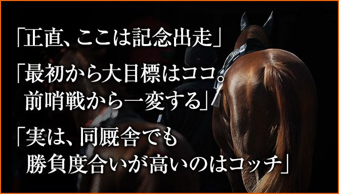 「正直、ここは記念出走」「最初から大目標はココ。前哨戦から一変する」「実は、同厩舎でも勝負度合いが高いのはコッチ」